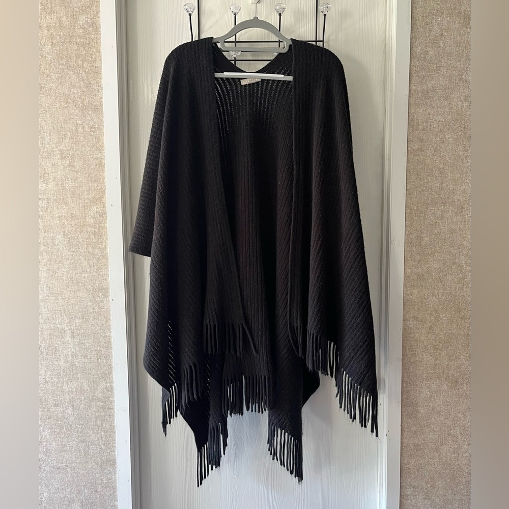 LOFT Black Knit Fringe Cape